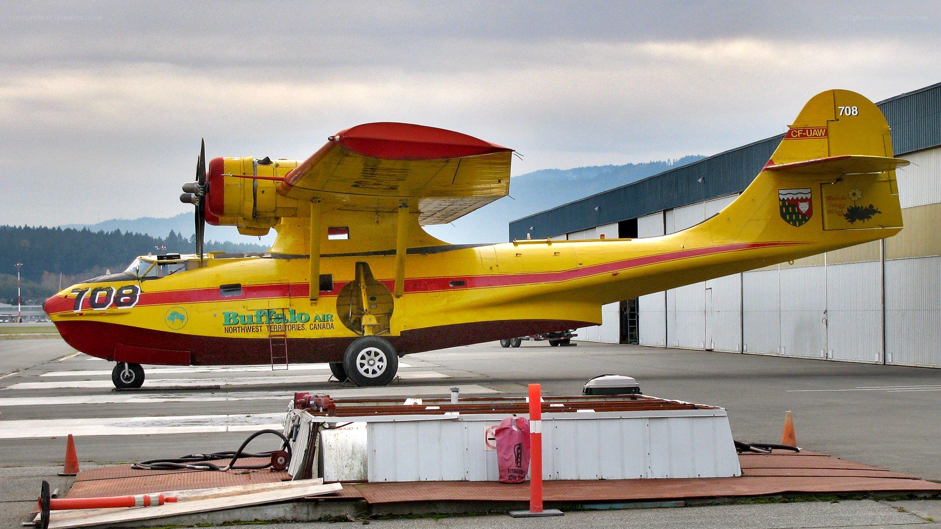 Yellow firefighting seaplane
