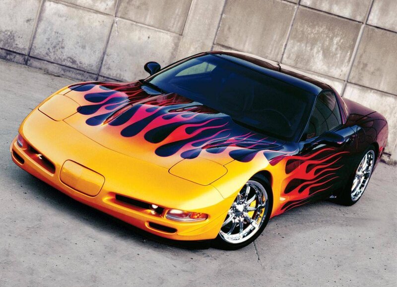 Yellow Flame-painted Sports Car