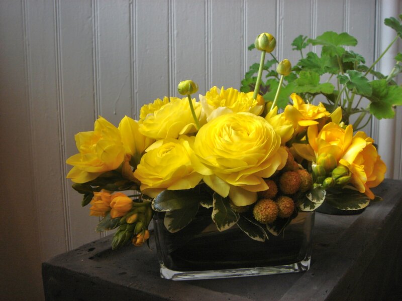 Yellow Flower Arrangement — Calm, Photograph, Green Leaves