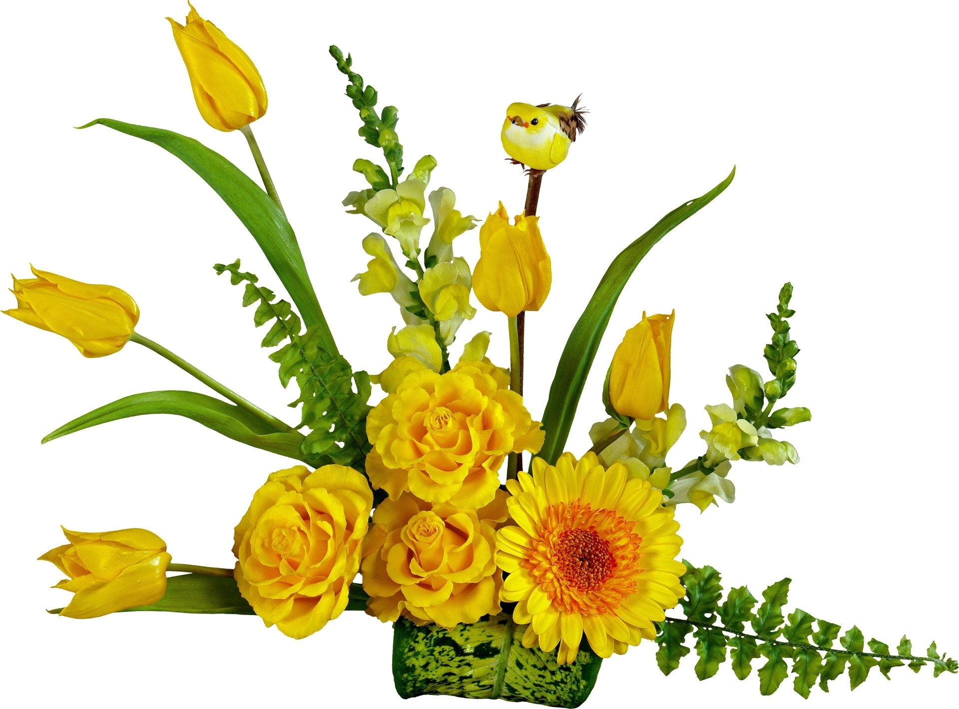 Yellow flower arrangement with bird