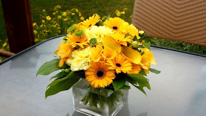 Yellow Flower Bouquet — Calm, Afternoon, Photograph, Table, Chair