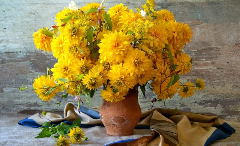 Yellow Flower Bouquet — Calm, Photograph, Vase