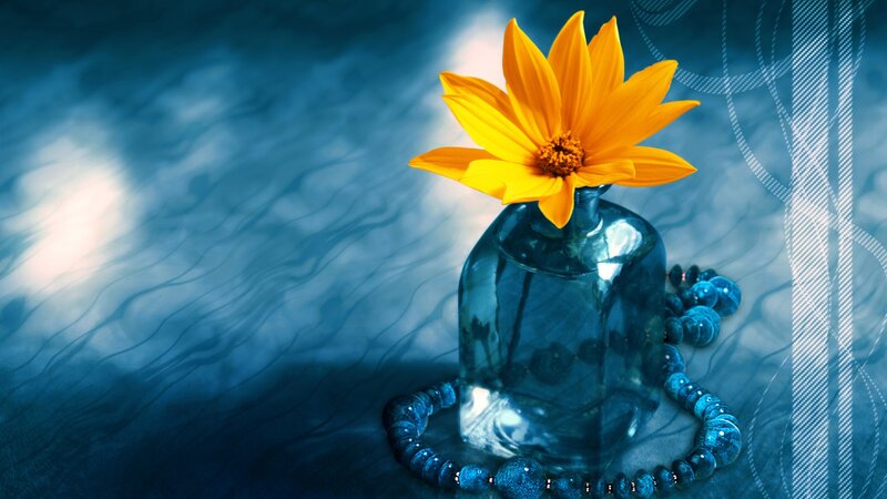 Yellow Flower in Blue Vase — Serene, Digital Art