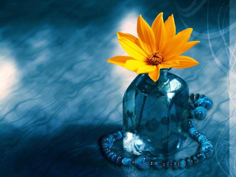 Yellow Flower in Vase — Blue, Serene, Photograph, Beads, Fabric