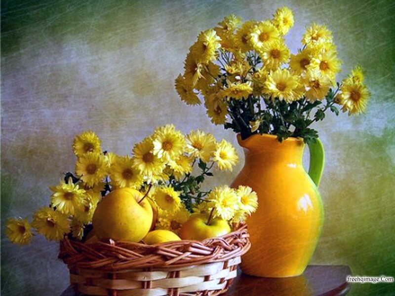 Yellow Flowers and Apples — Calm, Photograph