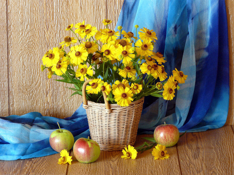 Yellow flowers and apples in basket