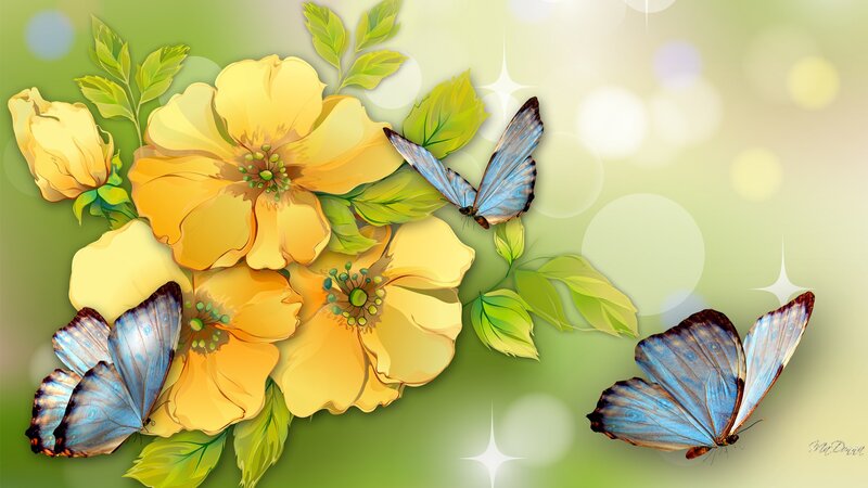 Yellow Flowers and Blue Butterflies