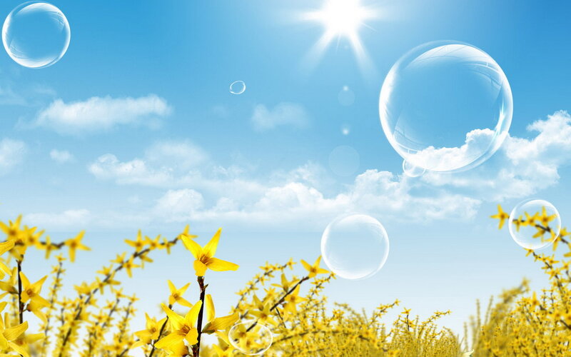 Yellow Flowers and Bubbles — Blue