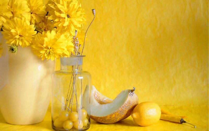 Yellow Flowers and Fruit — Calm, Photograph, Melon, Lemon