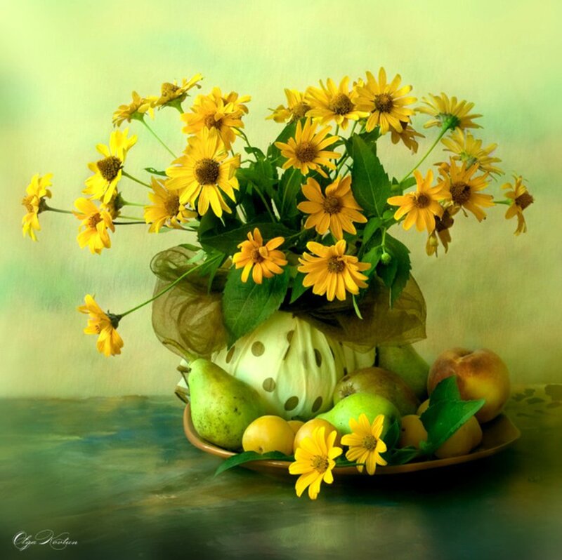 Yellow Flowers and Fruit — Calm, Photograph, Vase