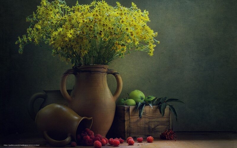 Yellow flowers and fruit still life