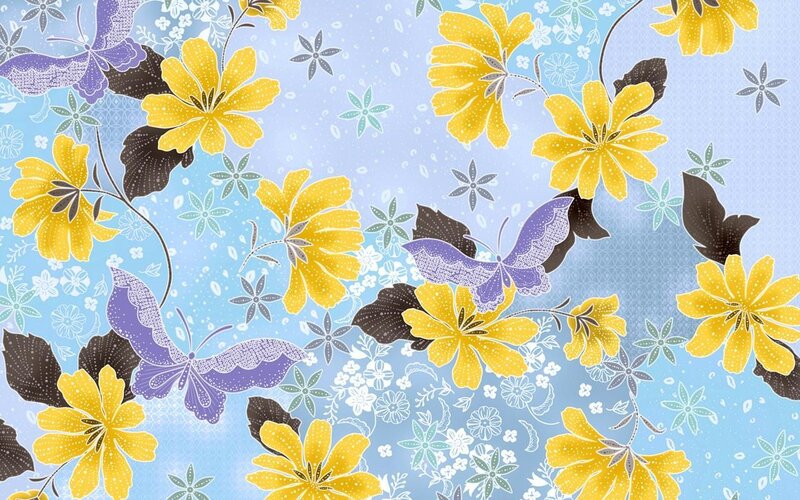 yellow flowers and purple butterflies