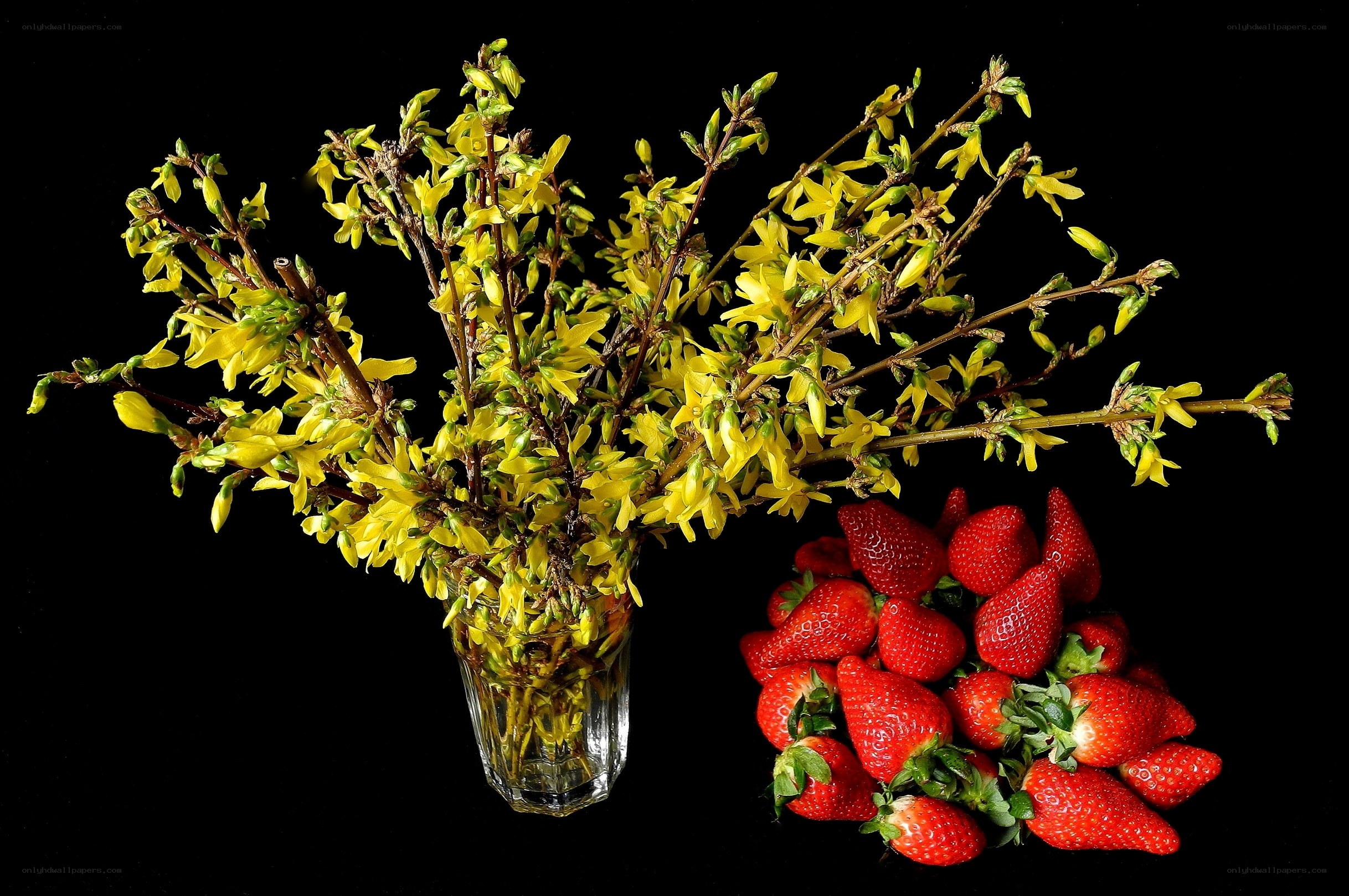 Yellow flowers and strawberries