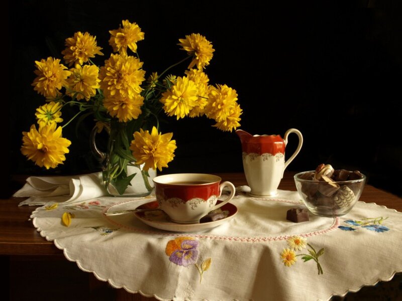 Yellow Flowers and Tea Set