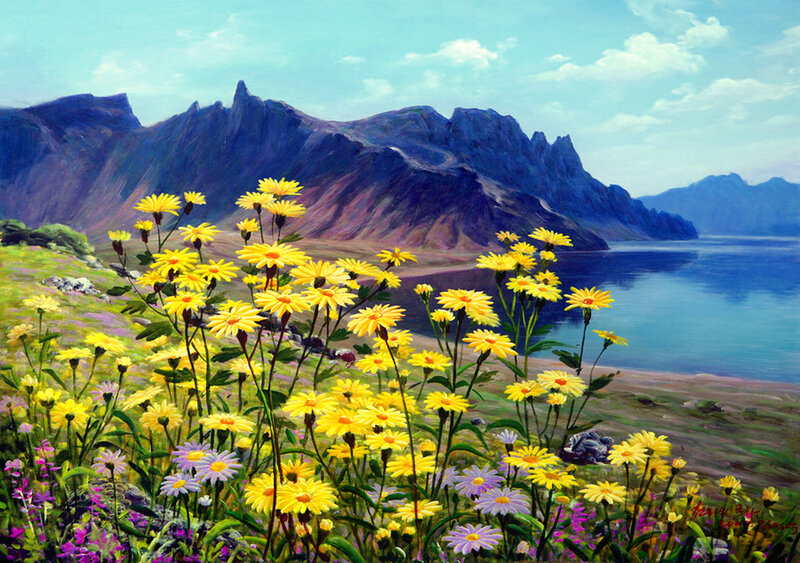 Yellow Flowers by Lake — Serene, Afternoon, Painting