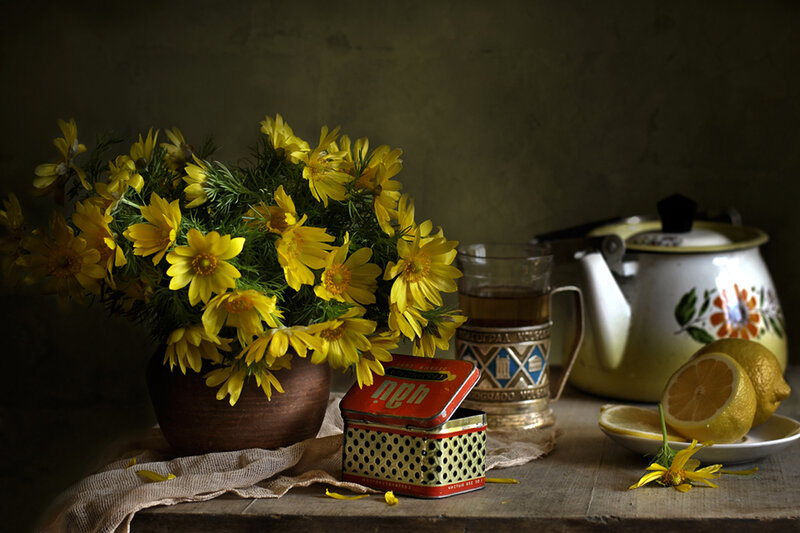 Yellow Flowers in a Vase — Dramatic