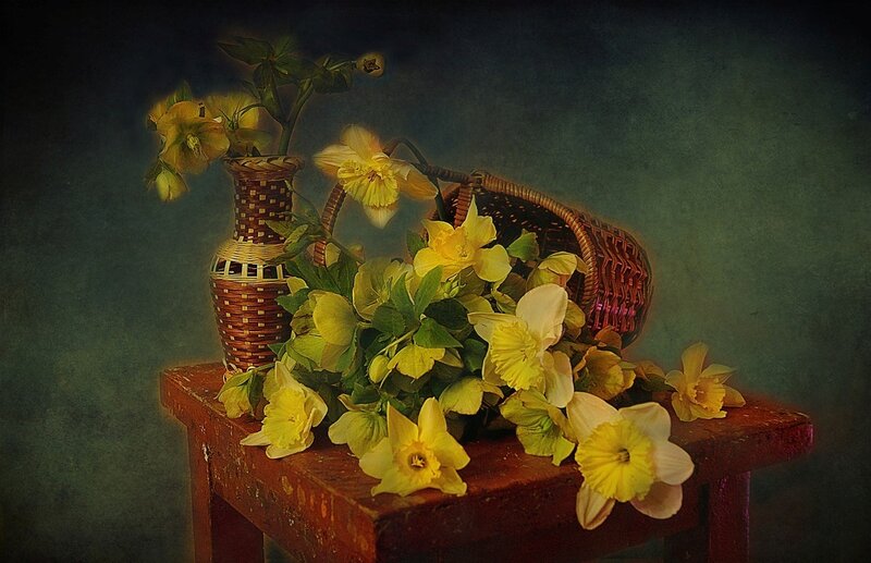Yellow Flowers in Basket — Dramatic, Spring, Photograph