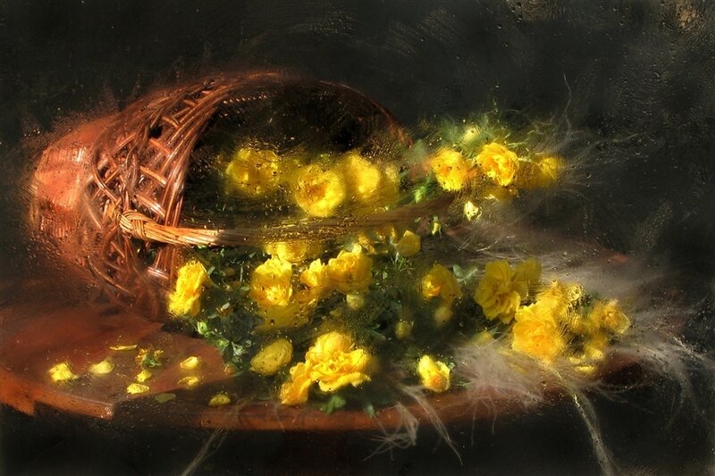Yellow Flowers in Basket — Dramatic