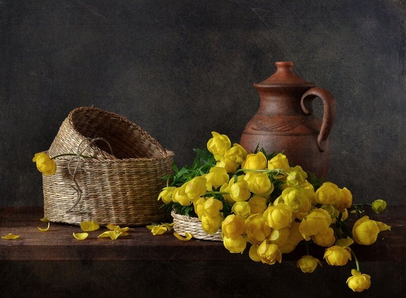 Yellow Flowers in Basket — Still Life