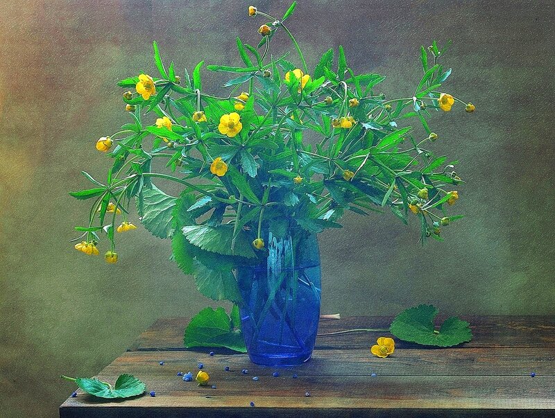 Yellow Flowers in Blue Vase