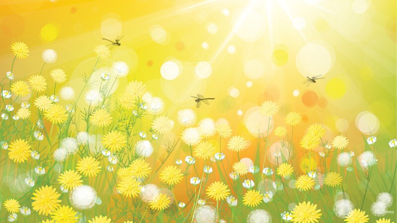 Yellow Flowers in Field — Serene, Afternoon, Digital Art, Dragonflies