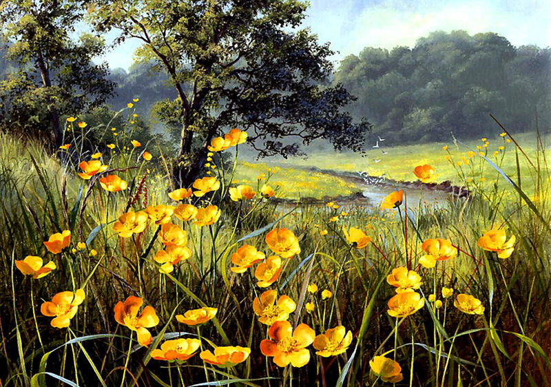 Yellow Flowers in Field — Serene, Afternoon, Painting