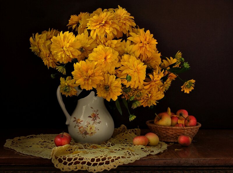 Yellow Flowers in Pitcher — Dramatic