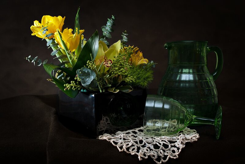 Yellow Flowers in Vase — Black