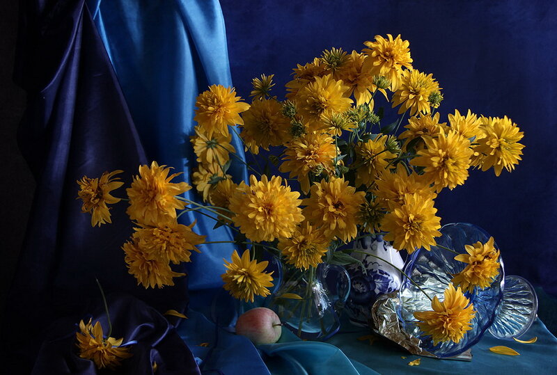 Yellow Flowers in Vase — Blue, Dramatic