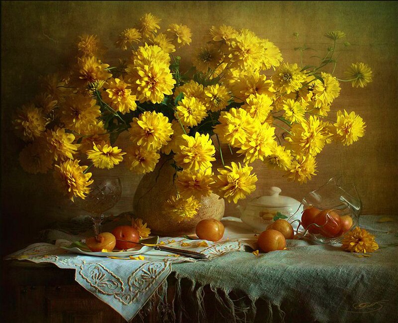 Yellow Flowers in Vase — Calm, Painting, Fruit