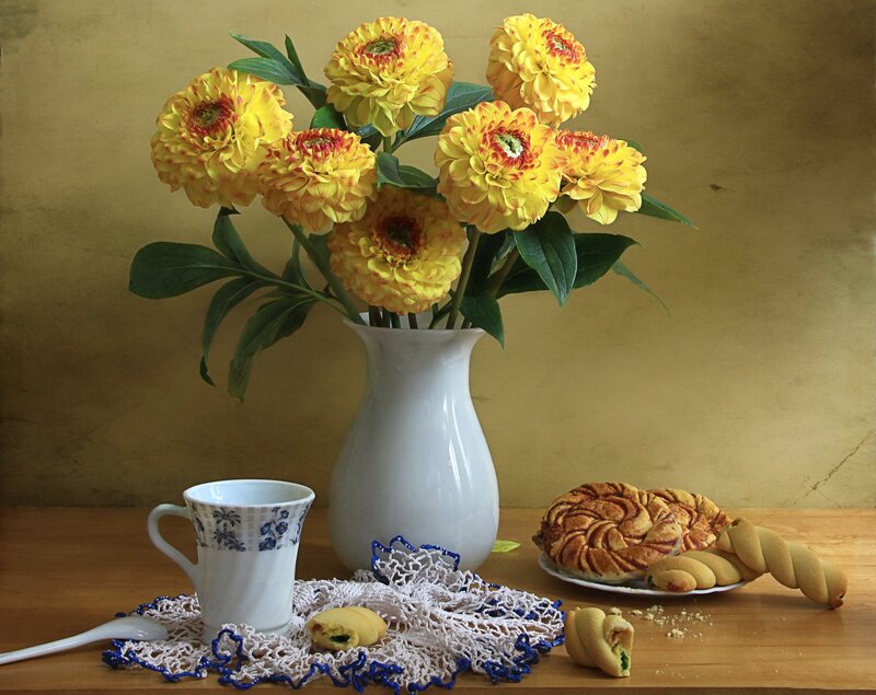 Yellow Flowers in Vase — Calm, Photograph, Cup