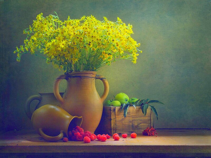 Yellow Flowers in Vase — Calm, Photograph, Fruit