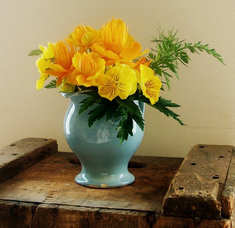 Yellow Flowers in Vase — Calm, Photograph, Wooden Surface