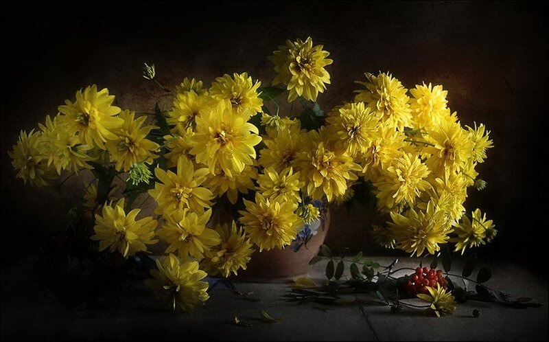 Yellow Flowers in Vase — Dramatic, Photograph, Berries