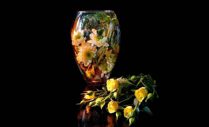 Yellow Flowers in Vase — Dramatic, Photograph, Bouquet