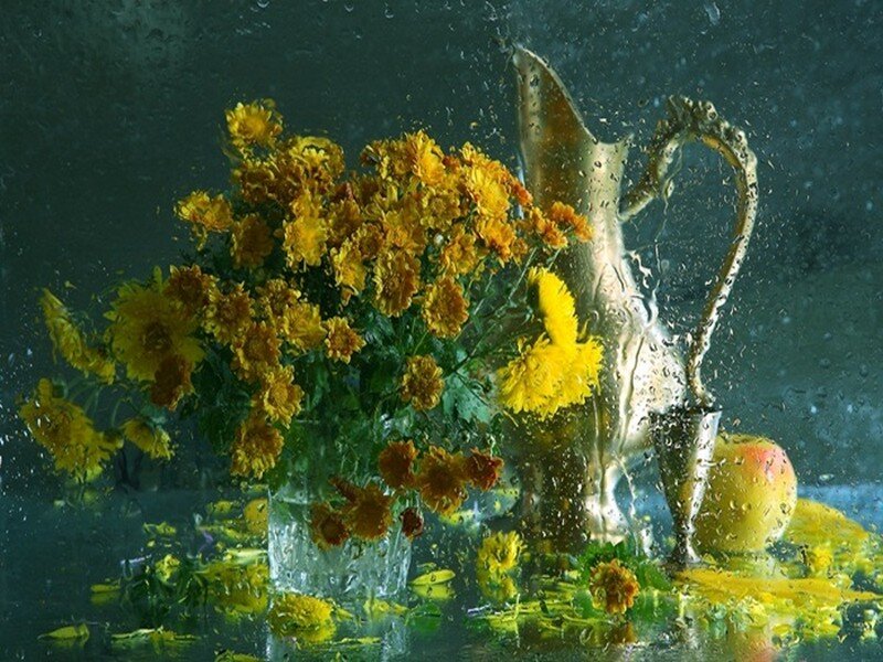 Yellow Flowers in Vase — Dramatic, Photograph, Pitcher
