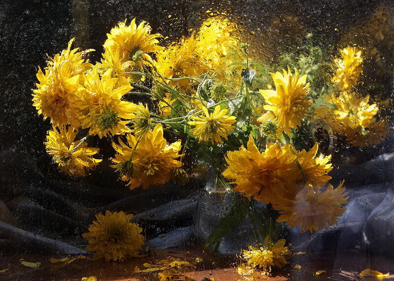 Yellow Flowers in Vase — Dramatic, Photograph, Raindrops
