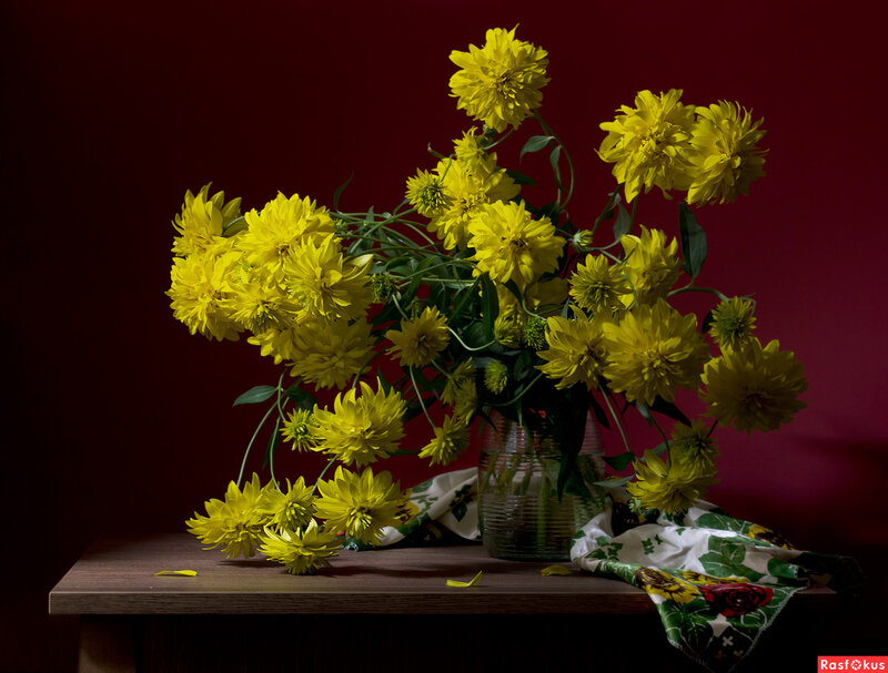 Yellow Flowers in Vase — Dramatic, Photograph, Table, Cloth