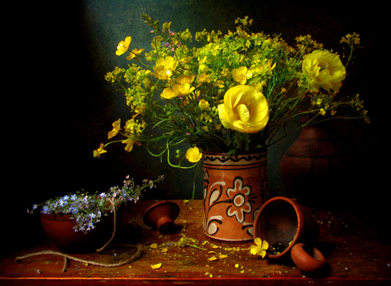 Yellow Flowers in Vase — Dramatic, Photograph, Table