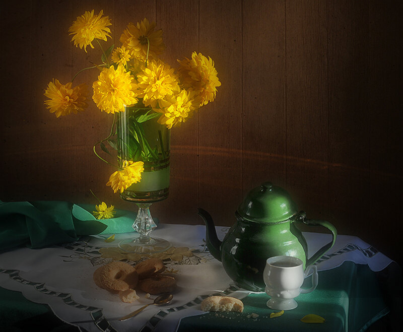 Yellow Flowers in Vase — Dramatic, Photograph, Teapot