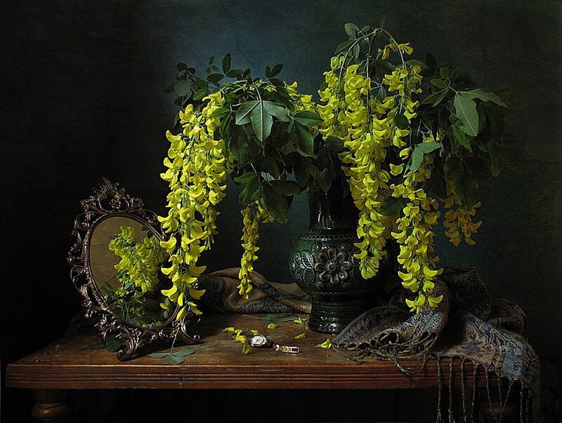 Yellow Flowers in Vase — Dramatic, Photograph