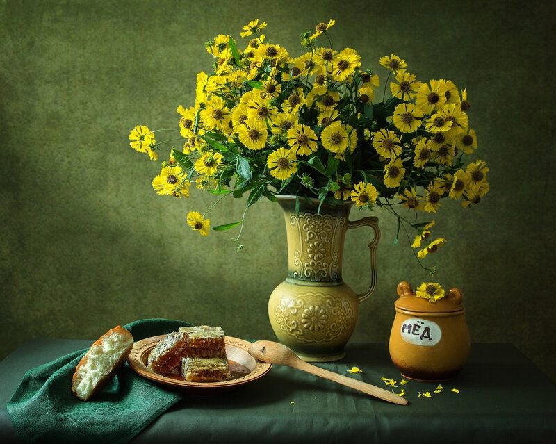 Yellow Flowers in Vase — Green