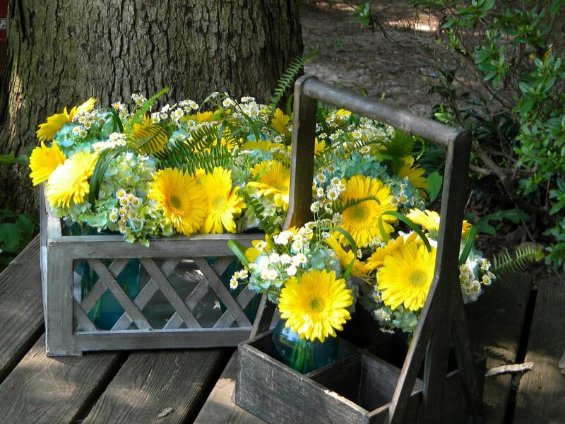 Yellow Flowers in Wooden Baskets