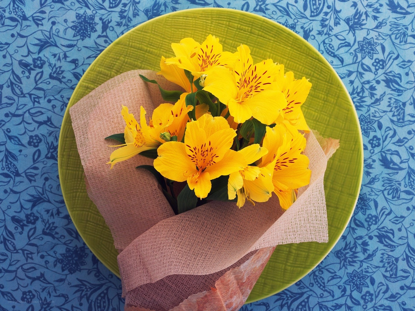 Yellow flowers on a green plate