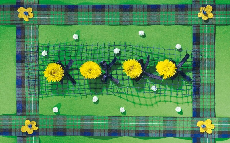 Yellow flowers on green fabric