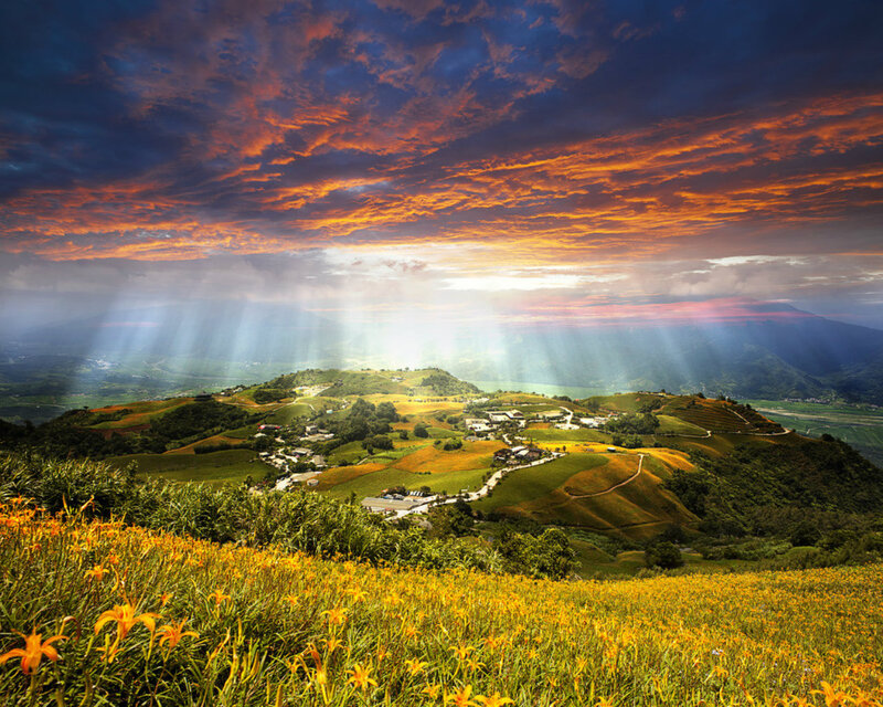 Yellow Flowers on Hills — Dramatic, Sunset, Photograph, Village, Sunbeams