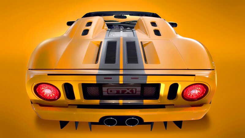 yellow ford gt x1 rear view