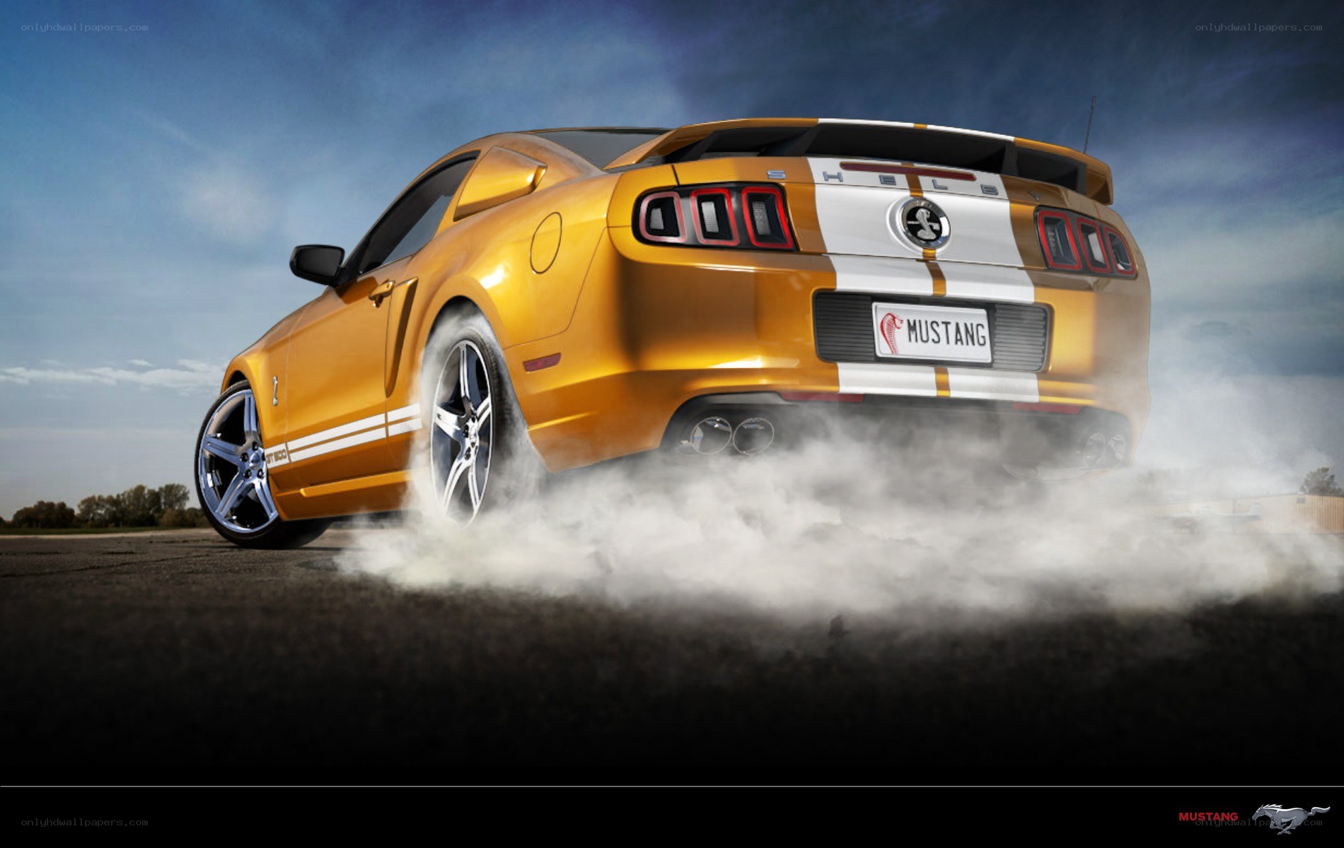 Yellow Ford Mustang burnout