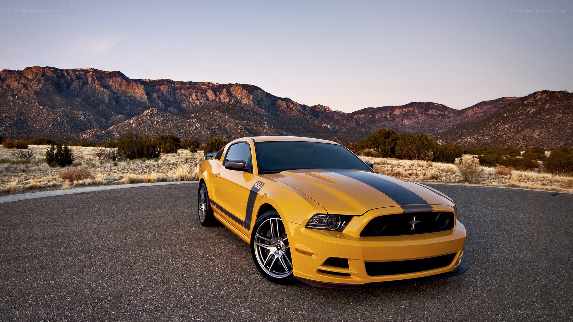 Yellow Ford Mustang on desert road