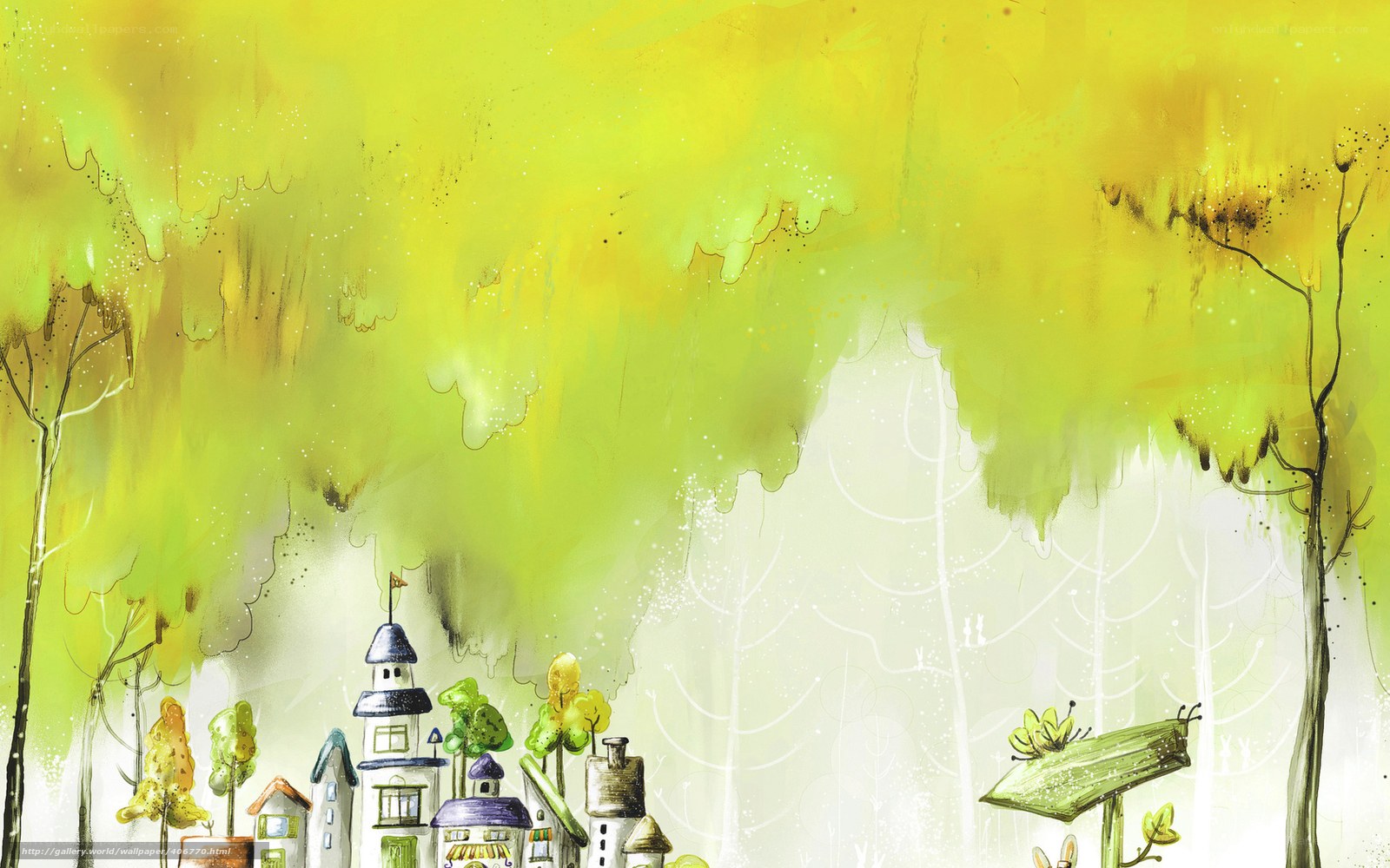 yellow forest village scene